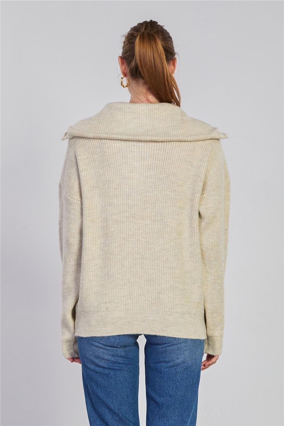 Yaka fermuarlı oversize sweatshirt-6623 - Taş