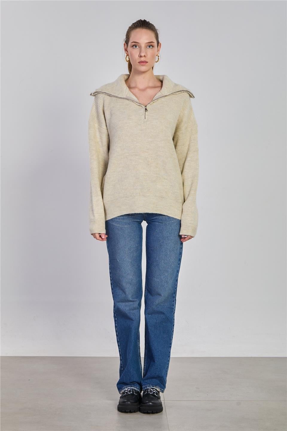 Yaka fermuarlı oversize sweatshirt-6623 - Taş