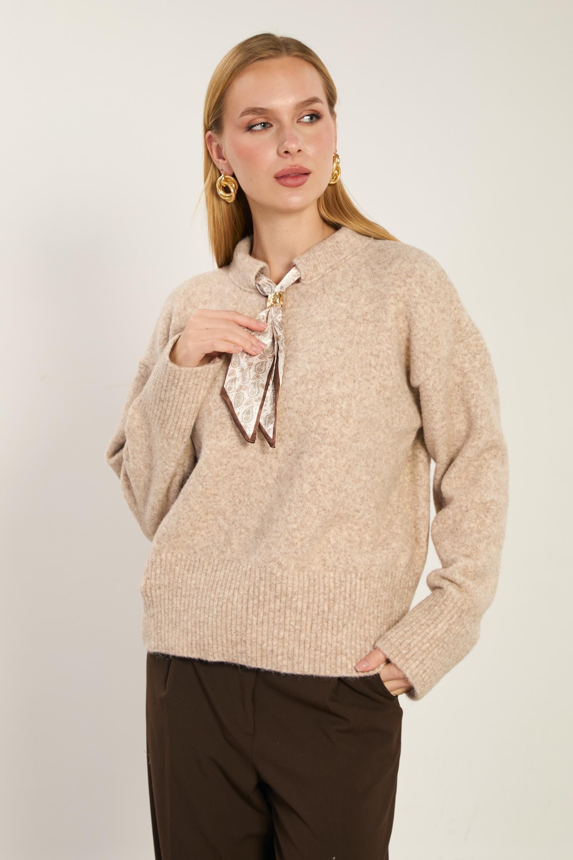 Yaka fular detaylı triko kazak-WS-07493 - Bej Melanj