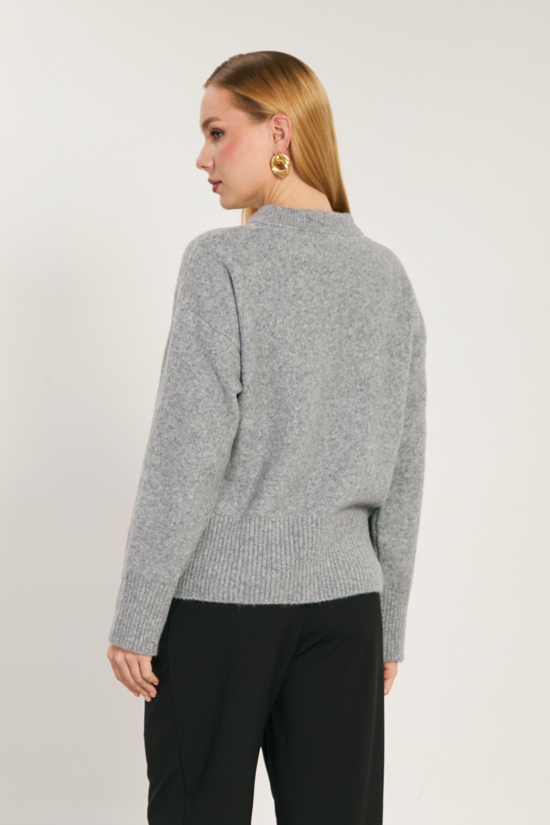 Yaka fular detaylı triko kazak-WS-07493 - Gri