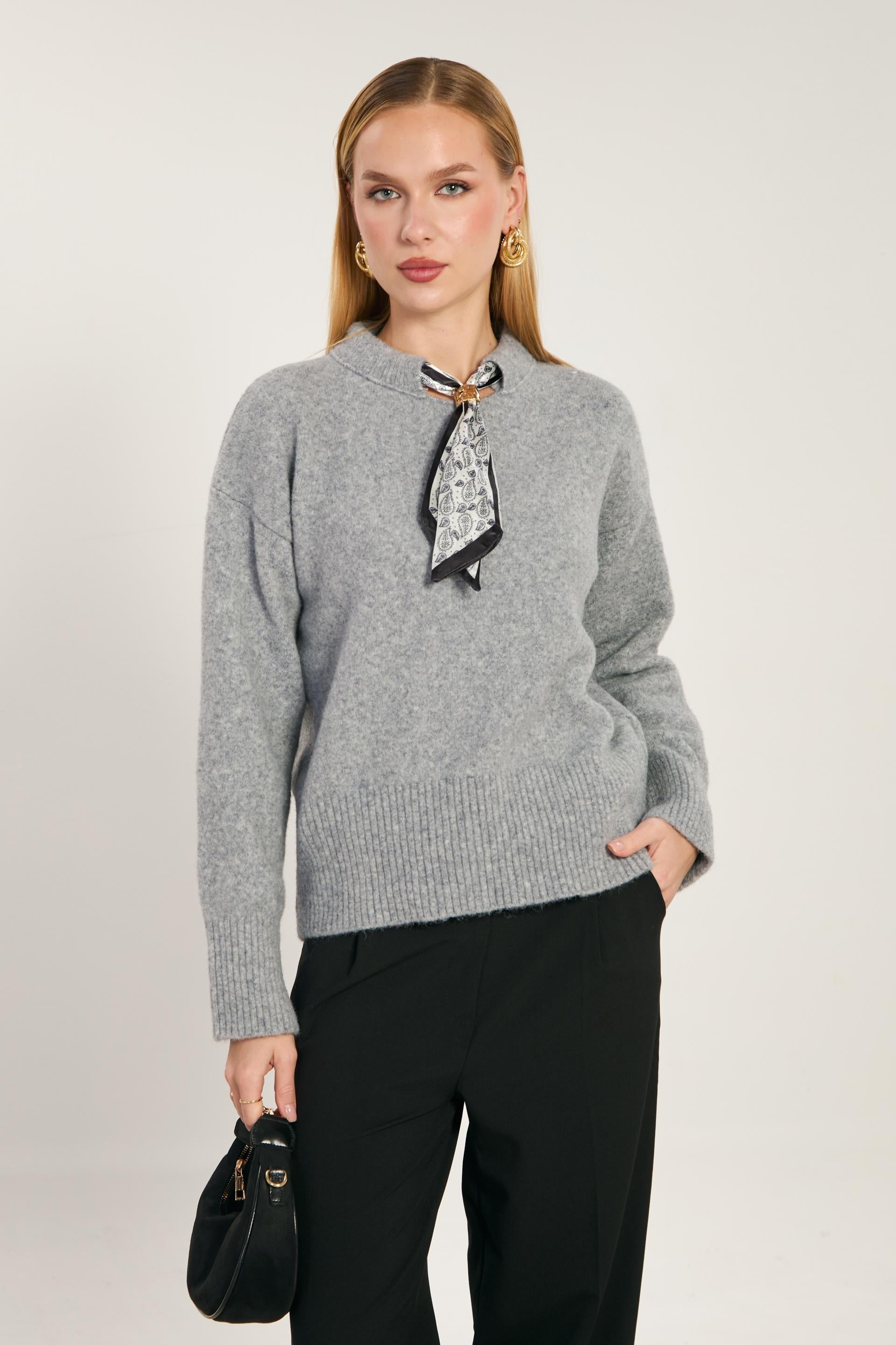Yaka fular detaylı triko kazak-WS-07493 - Gri