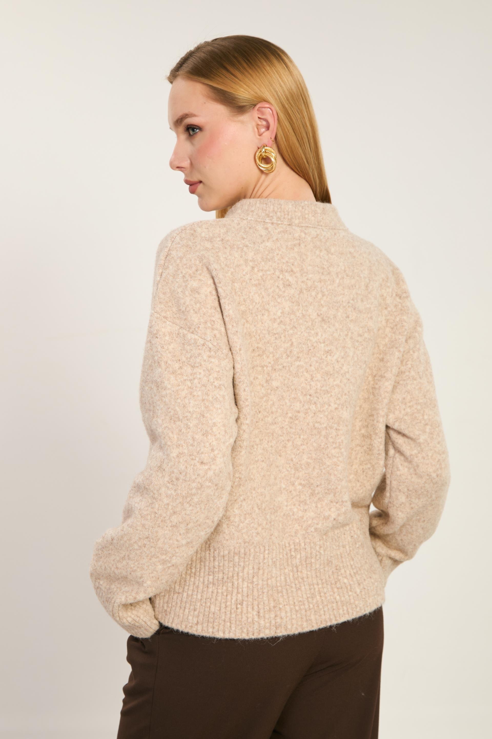 Yaka fular detaylı triko kazak-WS-07493 - Bej Melanj