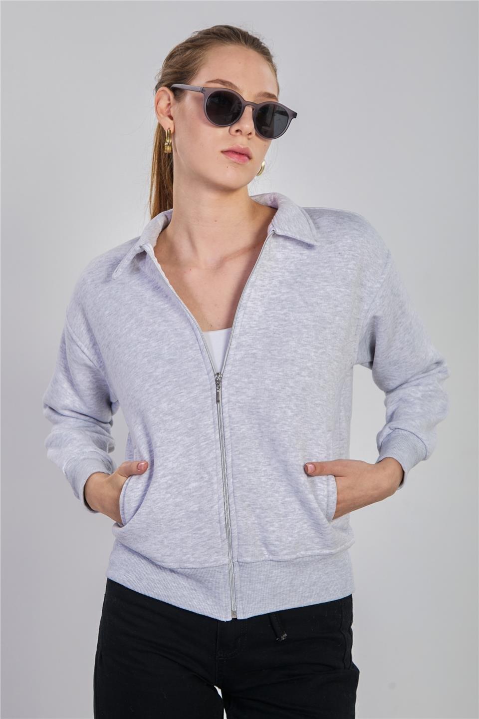 Yakalı fermuarlı sweatshirt-DVN1244 - Kar Melanj
