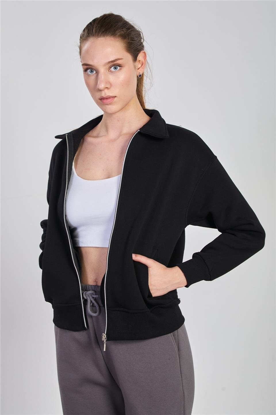 Yakalı fermuarlı sweatshirt-DVN1244 - Siyah