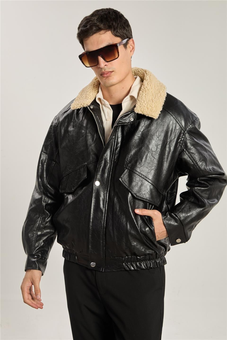 Yakası kürklü bomber mont-866 - Siyah