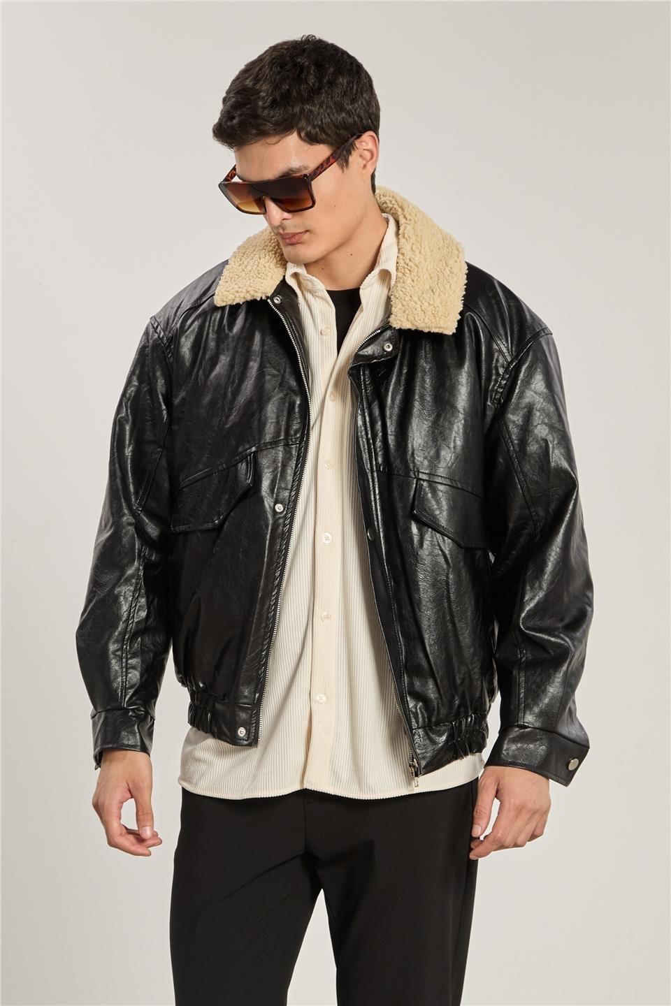 Yakası kürklü bomber mont-866 - Siyah