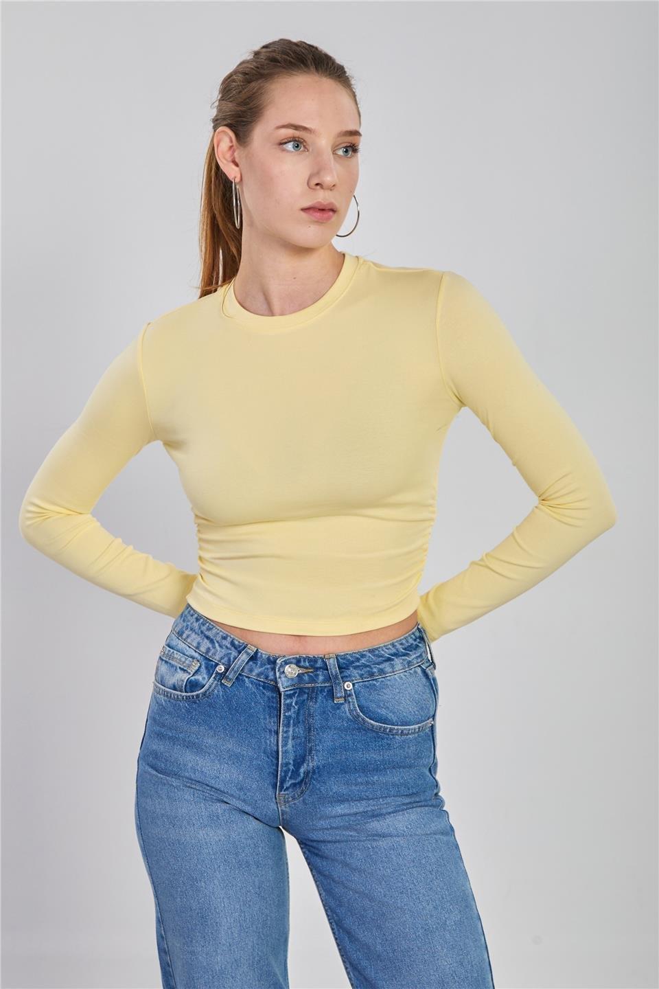 Yanı büzgülü uzun kol body-4164 - Açık Sarı