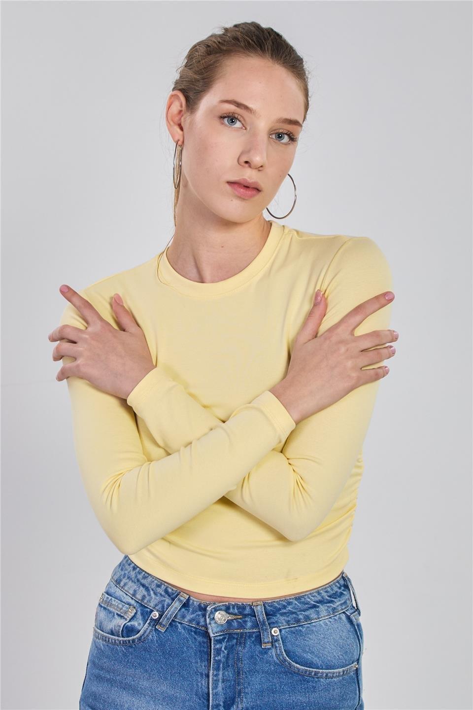 Yanı büzgülü uzun kol body-4164 - Açık Sarı