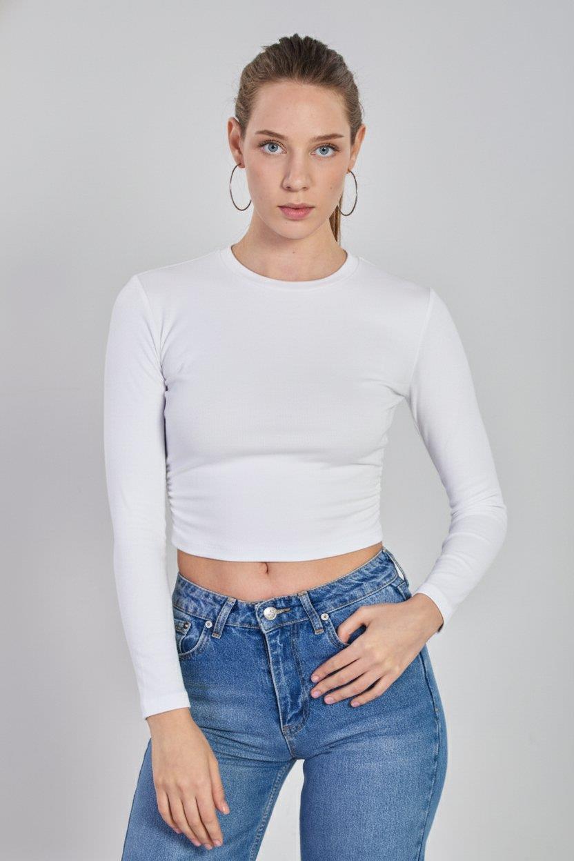 Yanı büzgülü uzun kol body-4164 - Beyaz