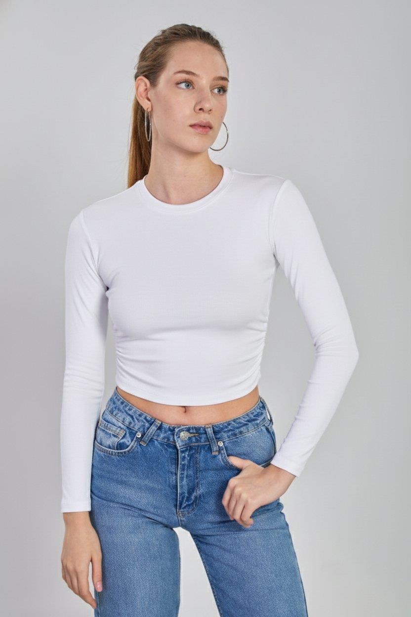 Yanı büzgülü uzun kol body-4164 - Beyaz
