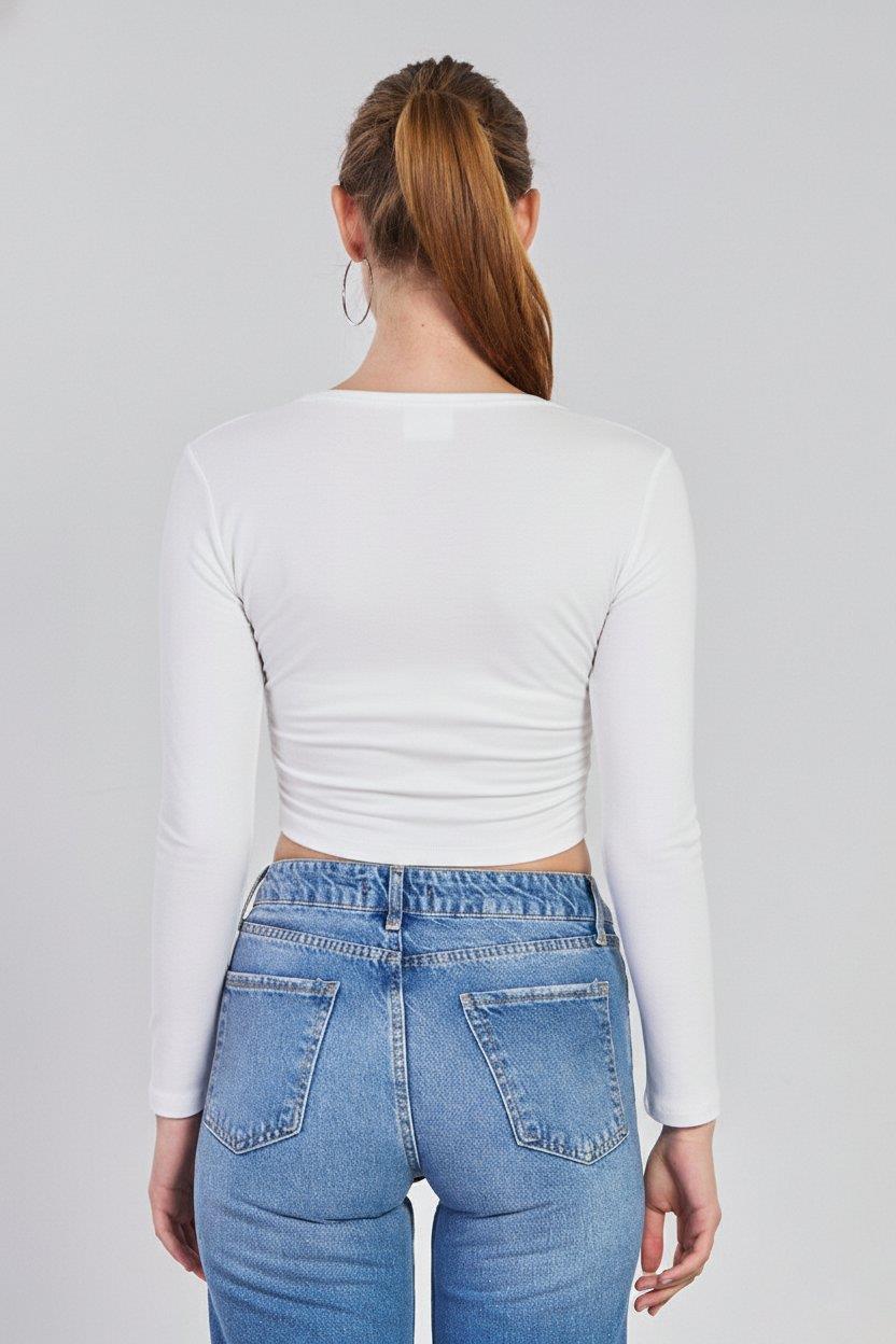 Yanı büzgülü uzun kol body-4164 - Beyaz