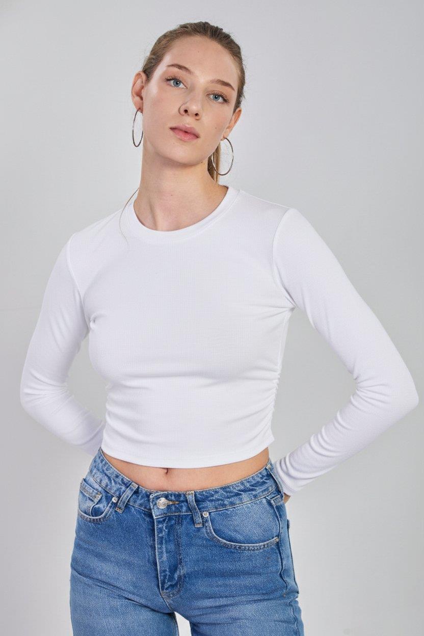 Yanı büzgülü uzun kol body-4164 - Beyaz