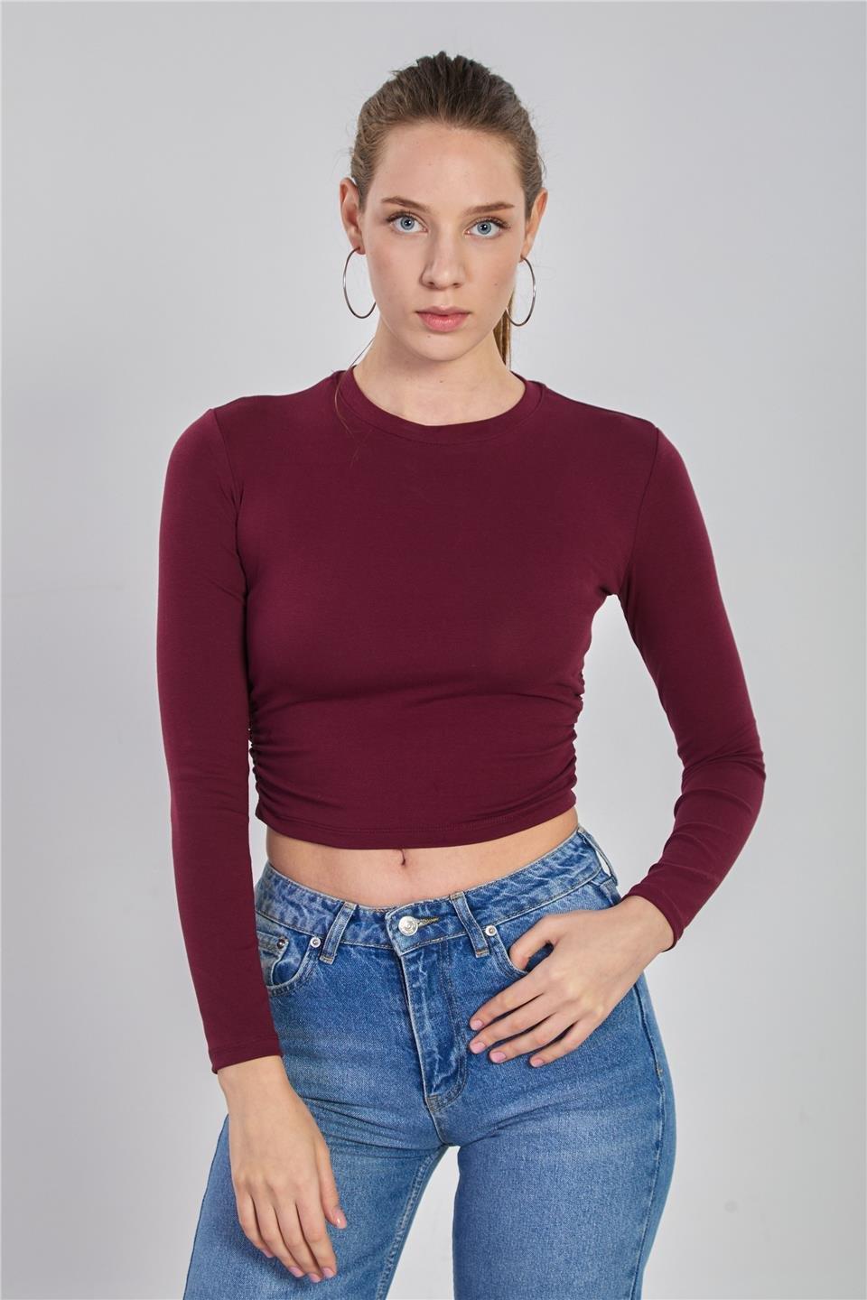 Yanı büzgülü uzun kol body-4164 - Bordo
