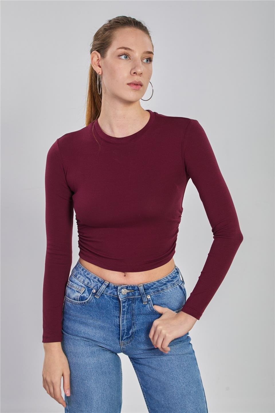 Yanı büzgülü uzun kol body-4164 - Bordo