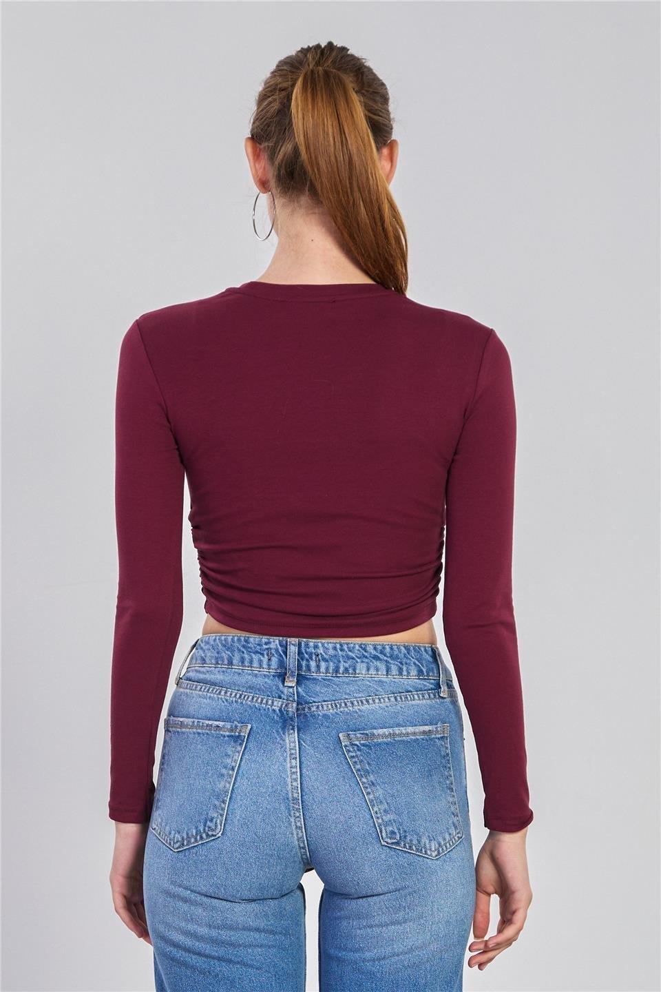 Yanı büzgülü uzun kol body-4164 - Bordo