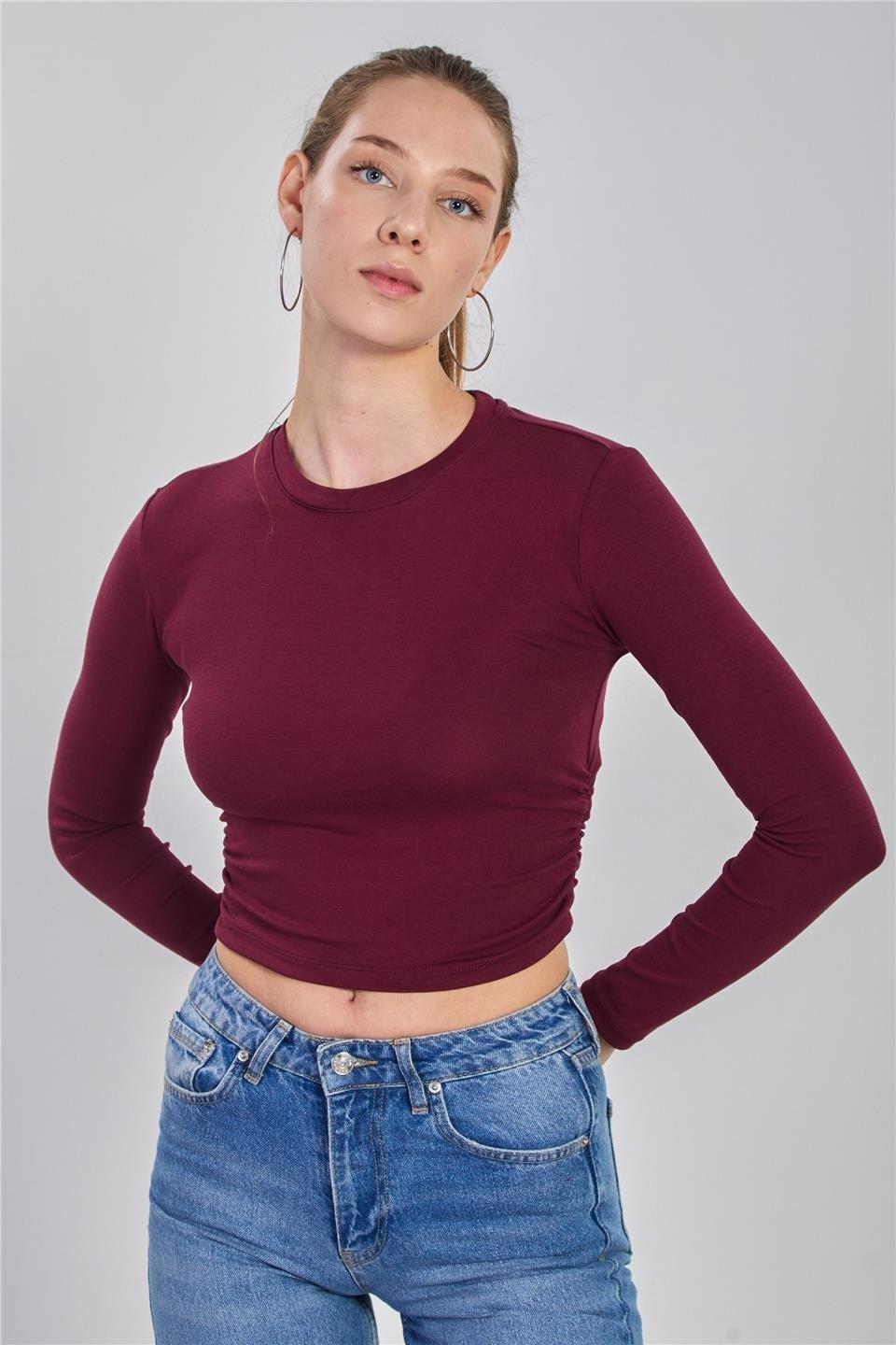 Yanı büzgülü uzun kol body-4164 - Bordo
