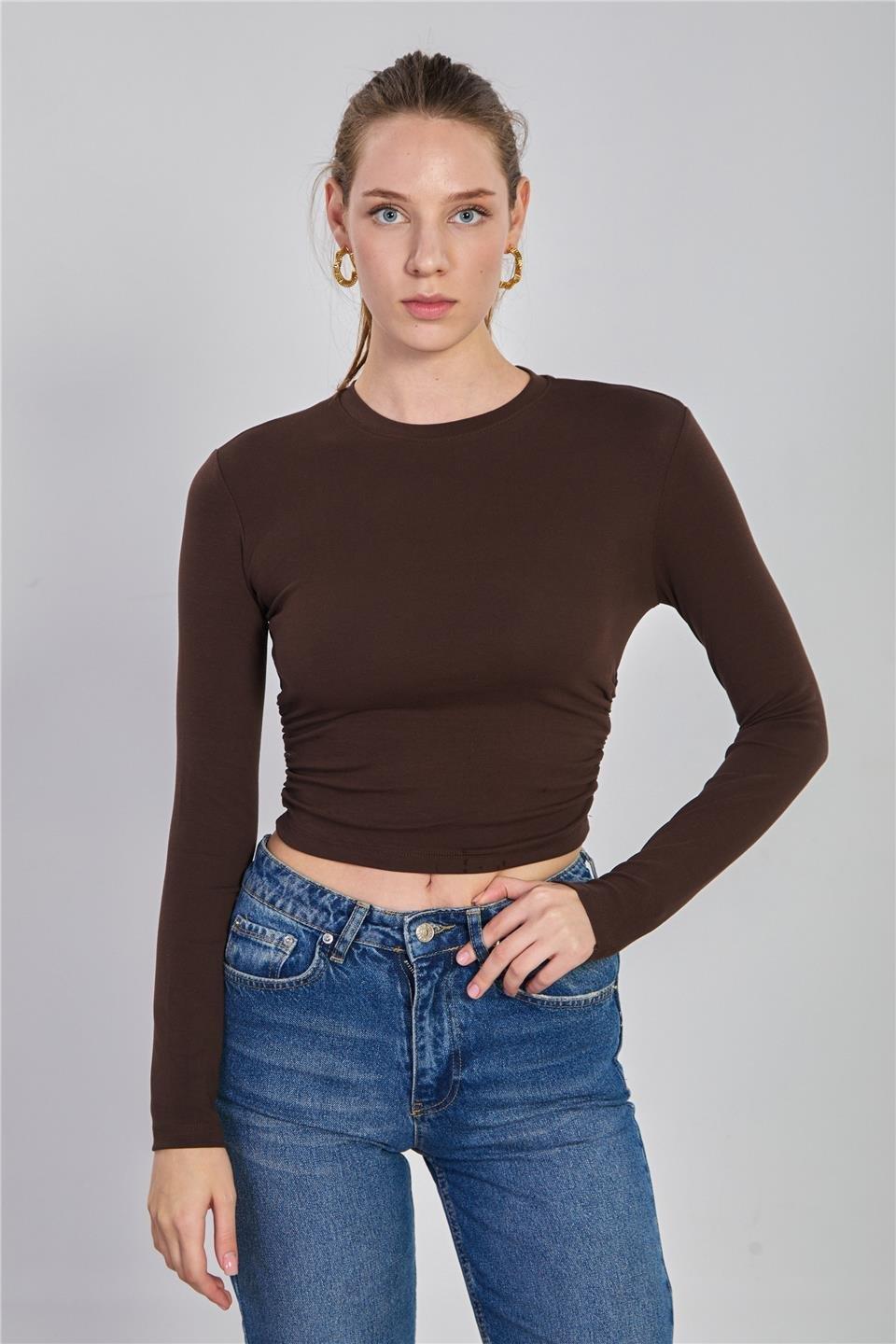 Yanı büzgülü uzun kol body-4164 - Kahve