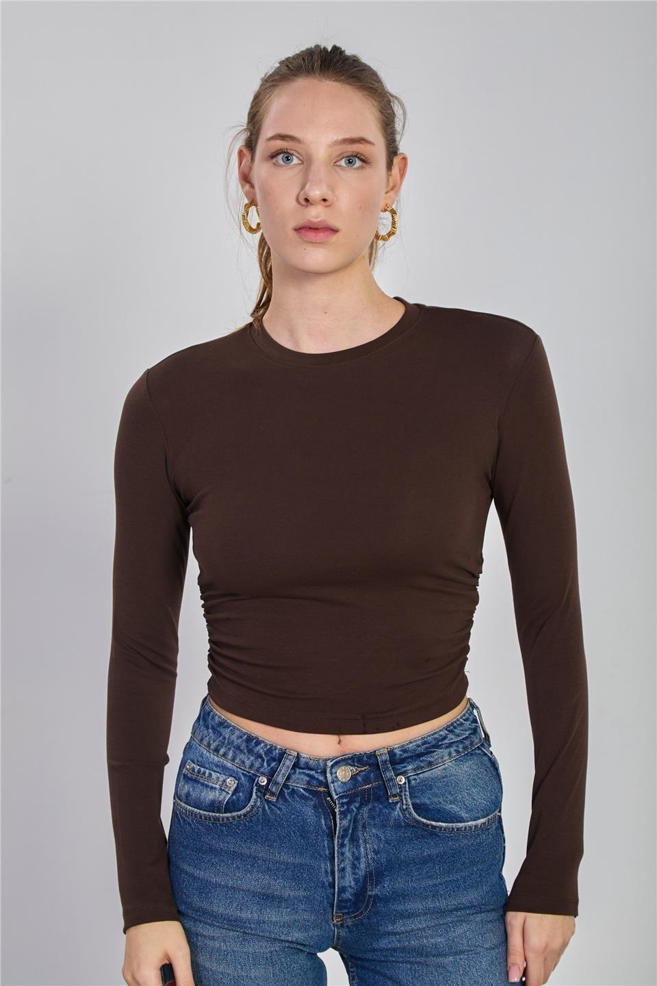 Yanı büzgülü uzun kol body-4164 - Kahve