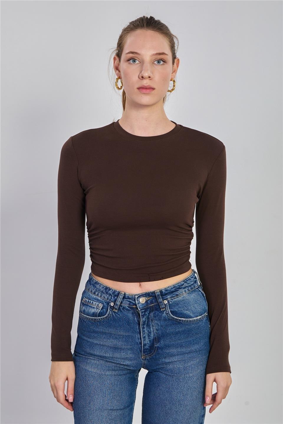 Yanı büzgülü uzun kol body-4164 - Kahve