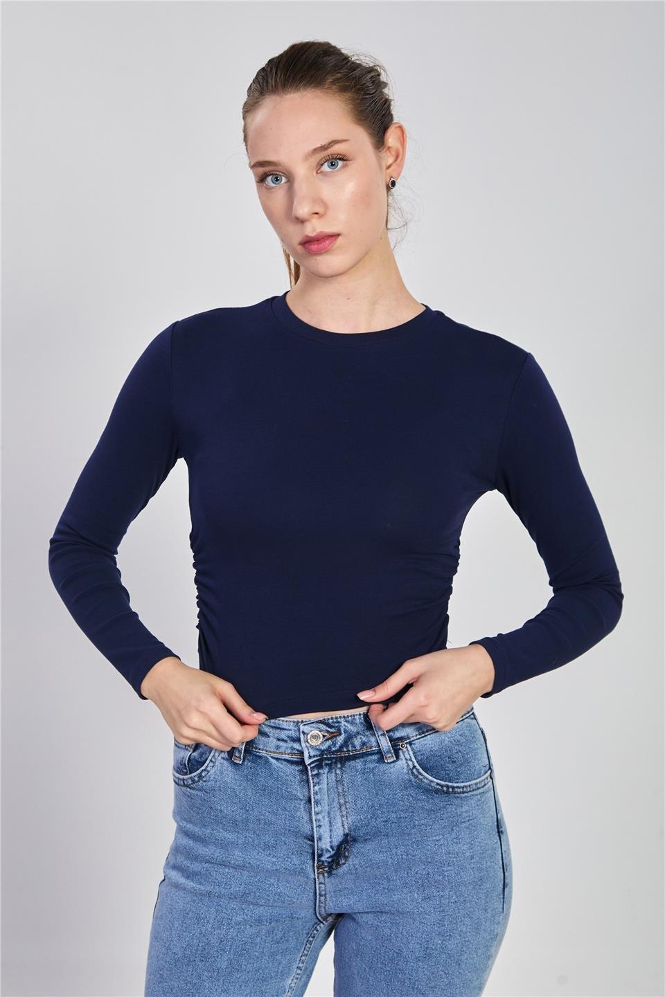 Yanı büzgülü uzun kol body-4164 - Lacivert