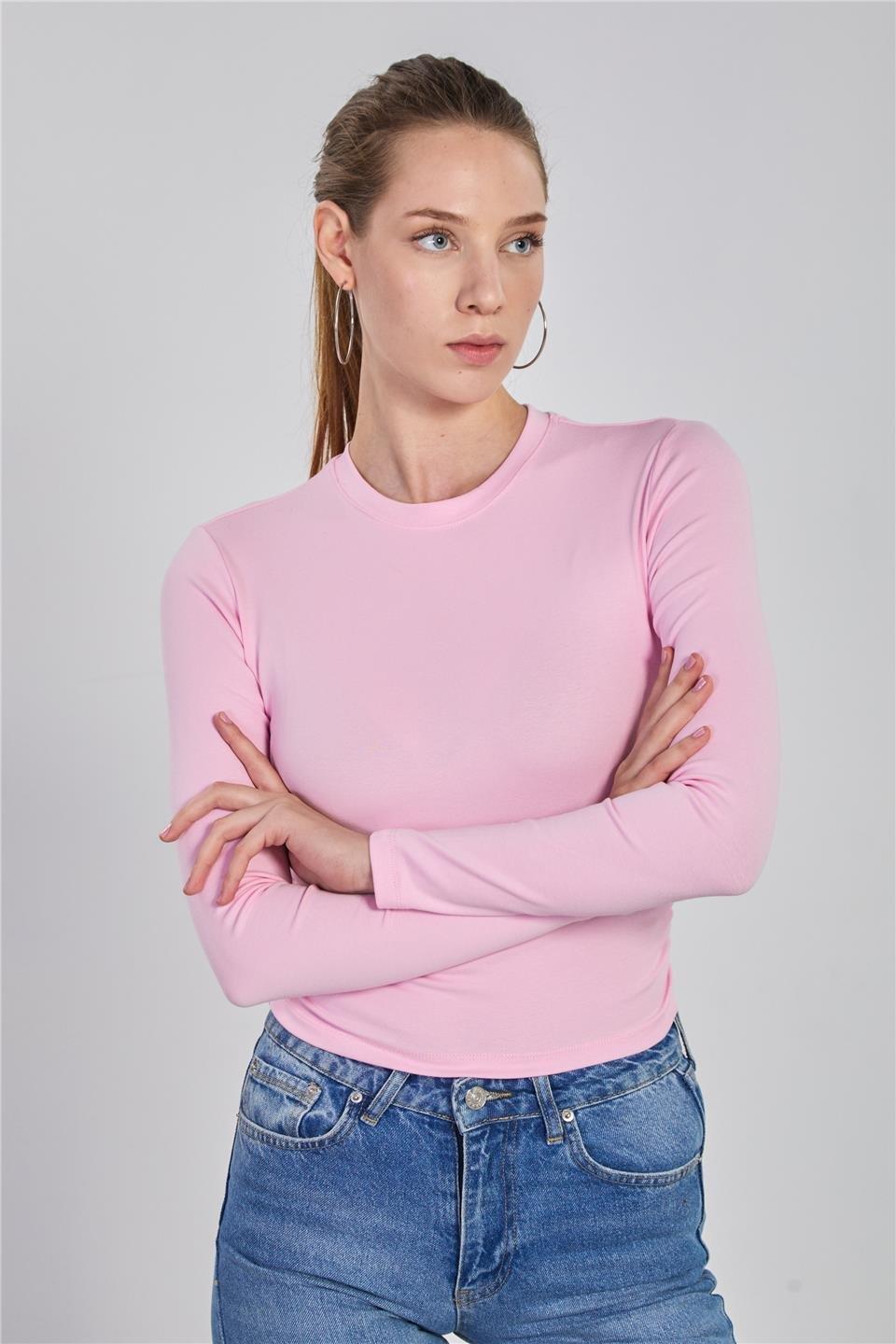 Yanı büzgülü uzun kol body-4164 - Pembe