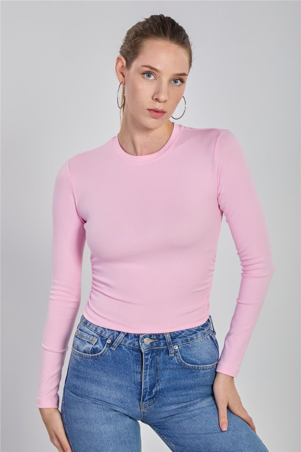 Yanı büzgülü uzun kol body-4164 - Pembe