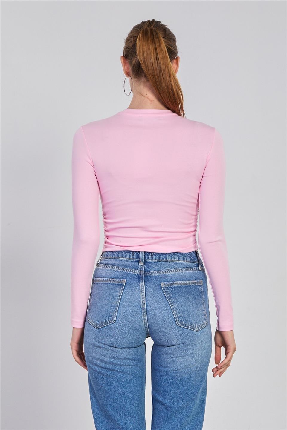 Yanı büzgülü uzun kol body-4164 - Pembe