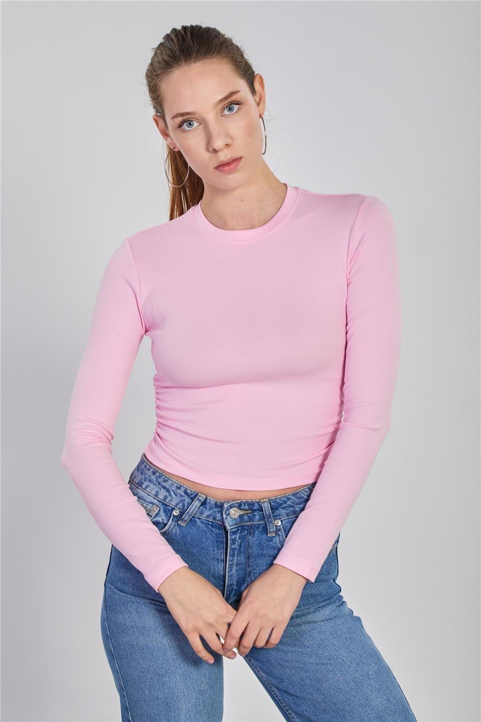 Yanı büzgülü uzun kol body-4164 - Pembe