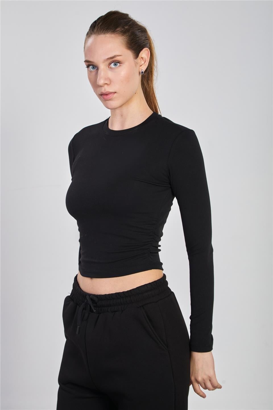 Yanı büzgülü uzun kol body-4164 - Siyah