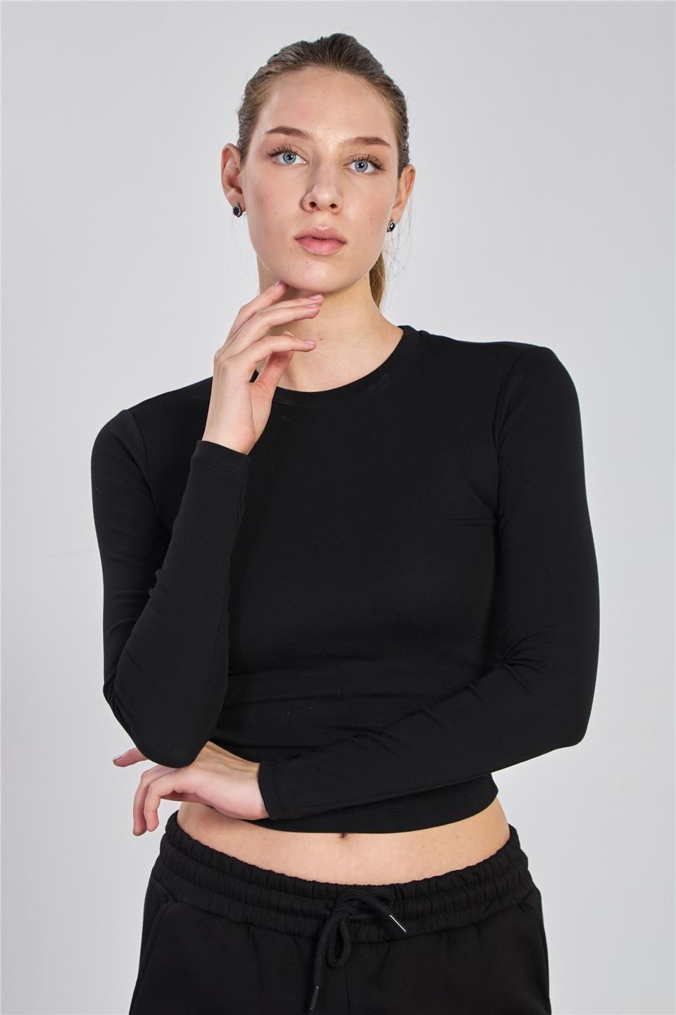 Yanı büzgülü uzun kol body-4164 - Siyah