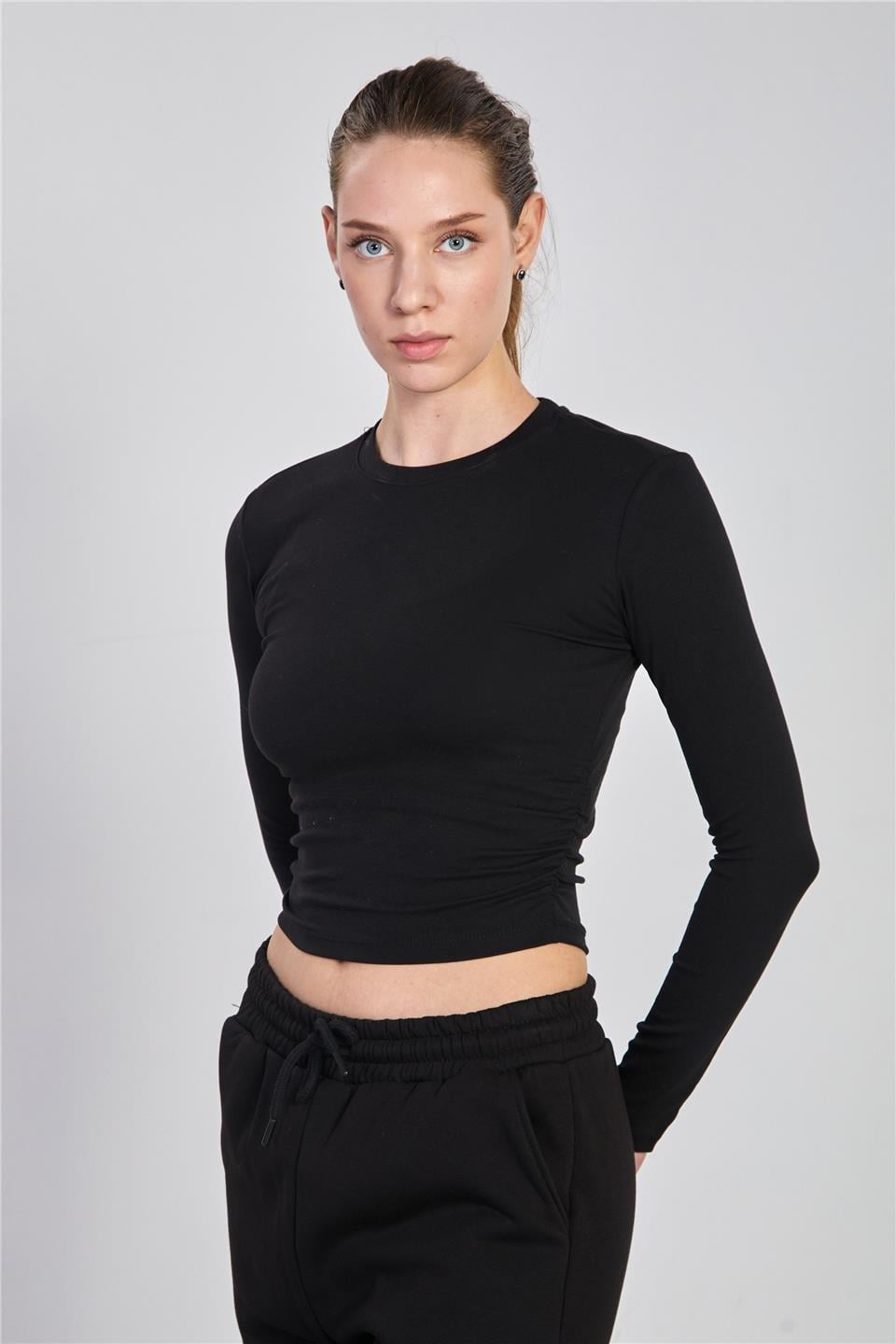 Yanı büzgülü uzun kol body-4164 - Siyah