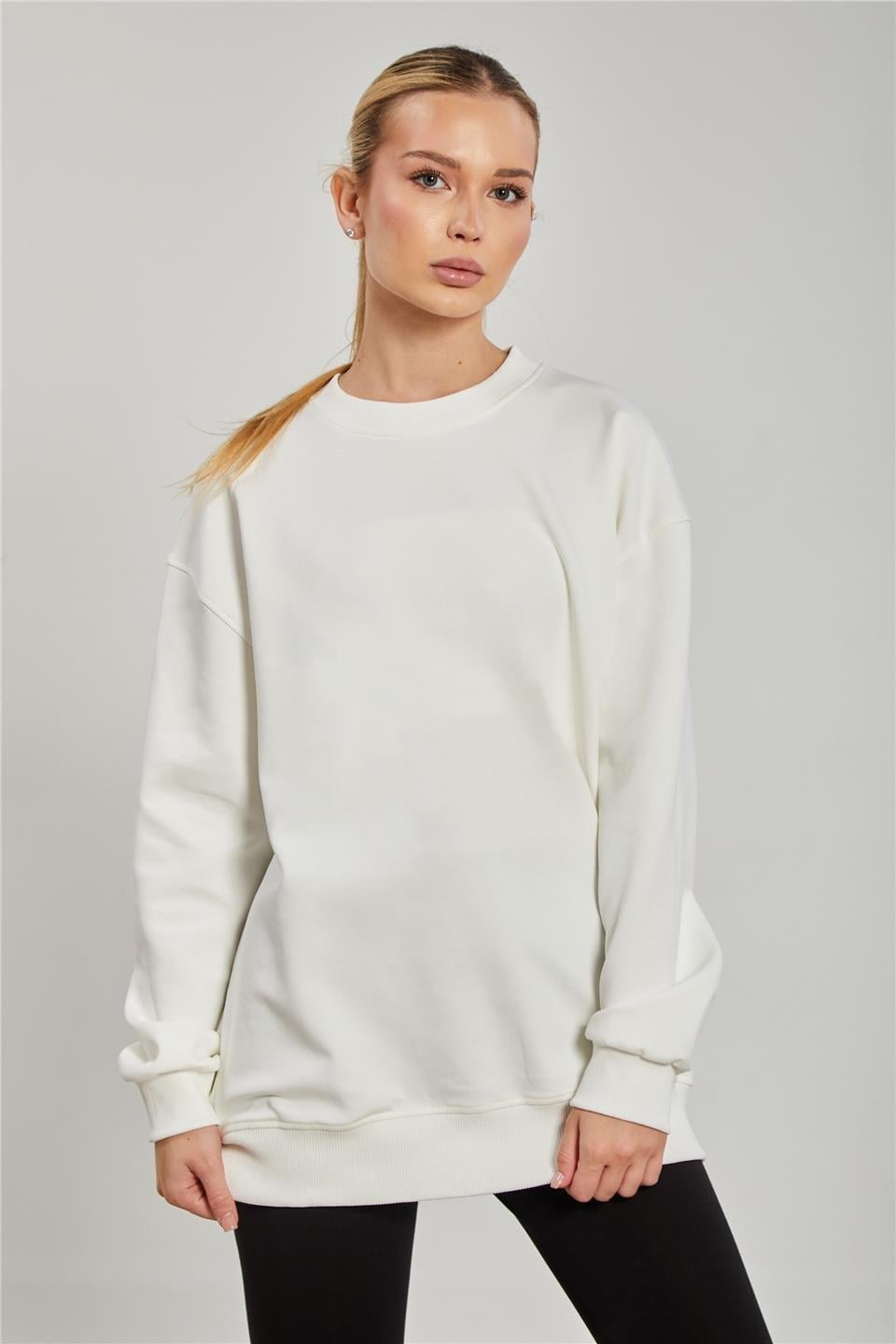 Yanı yırtmaçlı tunik sweat-6405 - Ekru