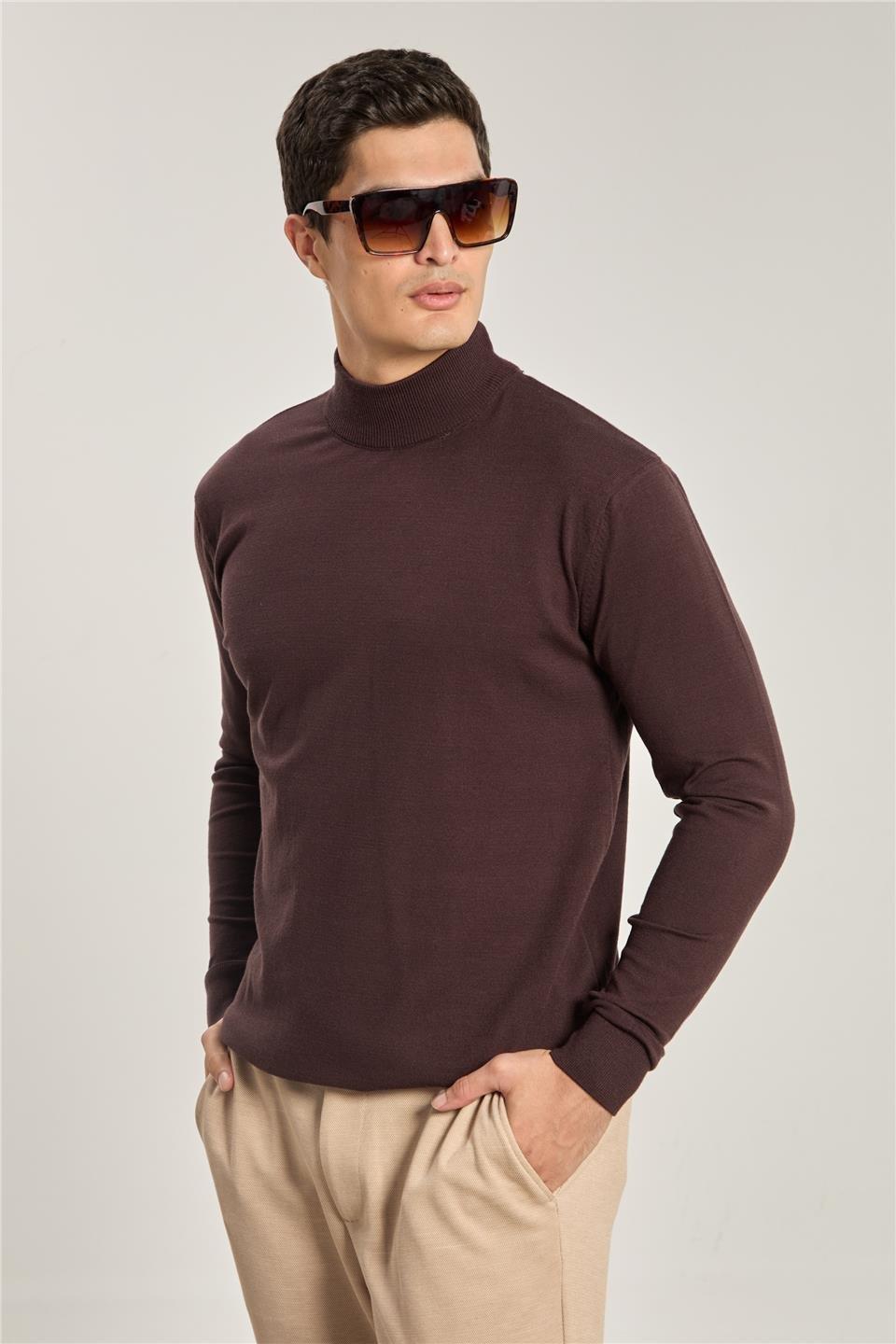 Yarım balıkçı yaka triko kazak-M35097 - Kahve