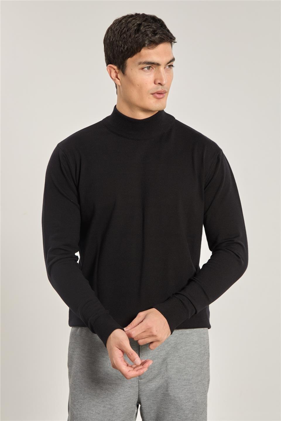 Yarım balıkçı yaka triko kazak-M35097 - Siyah
