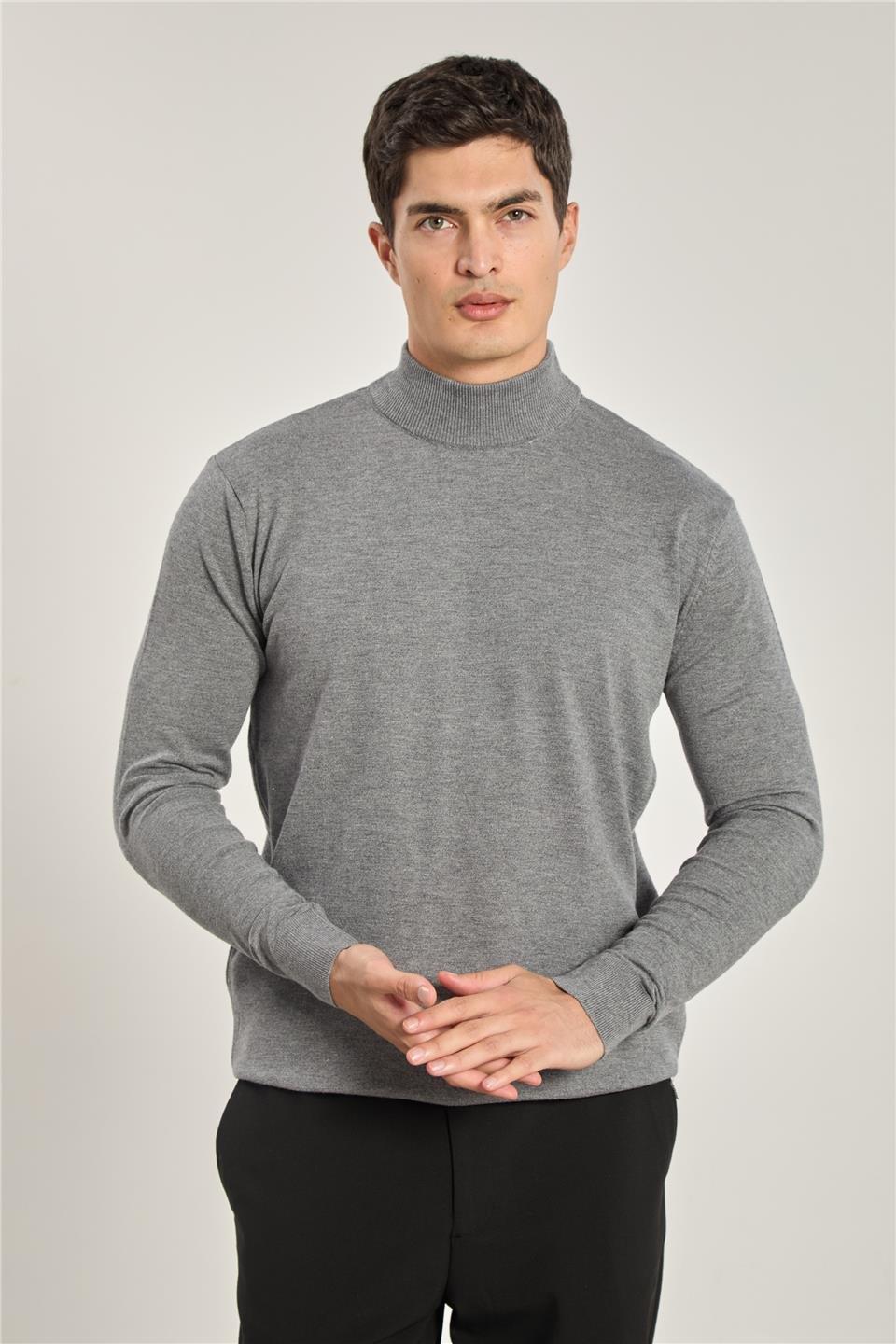 Yarım balıkçı yaka triko kazak-M35097 - Gri