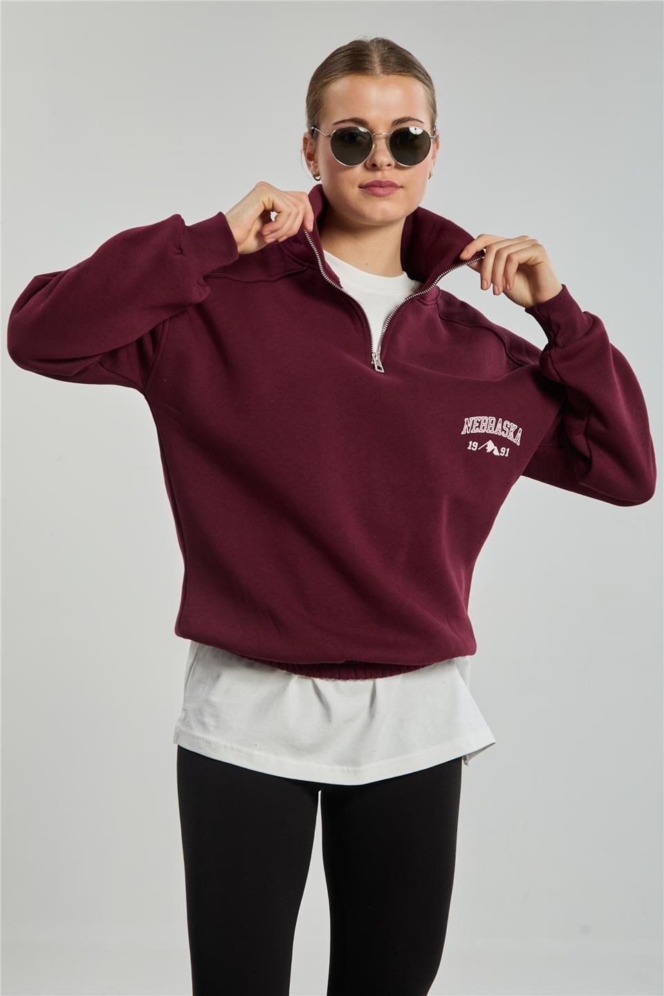 Yarım fermuarlı Nebraska baskılı sweatshirt-DVN0848 - Vişne