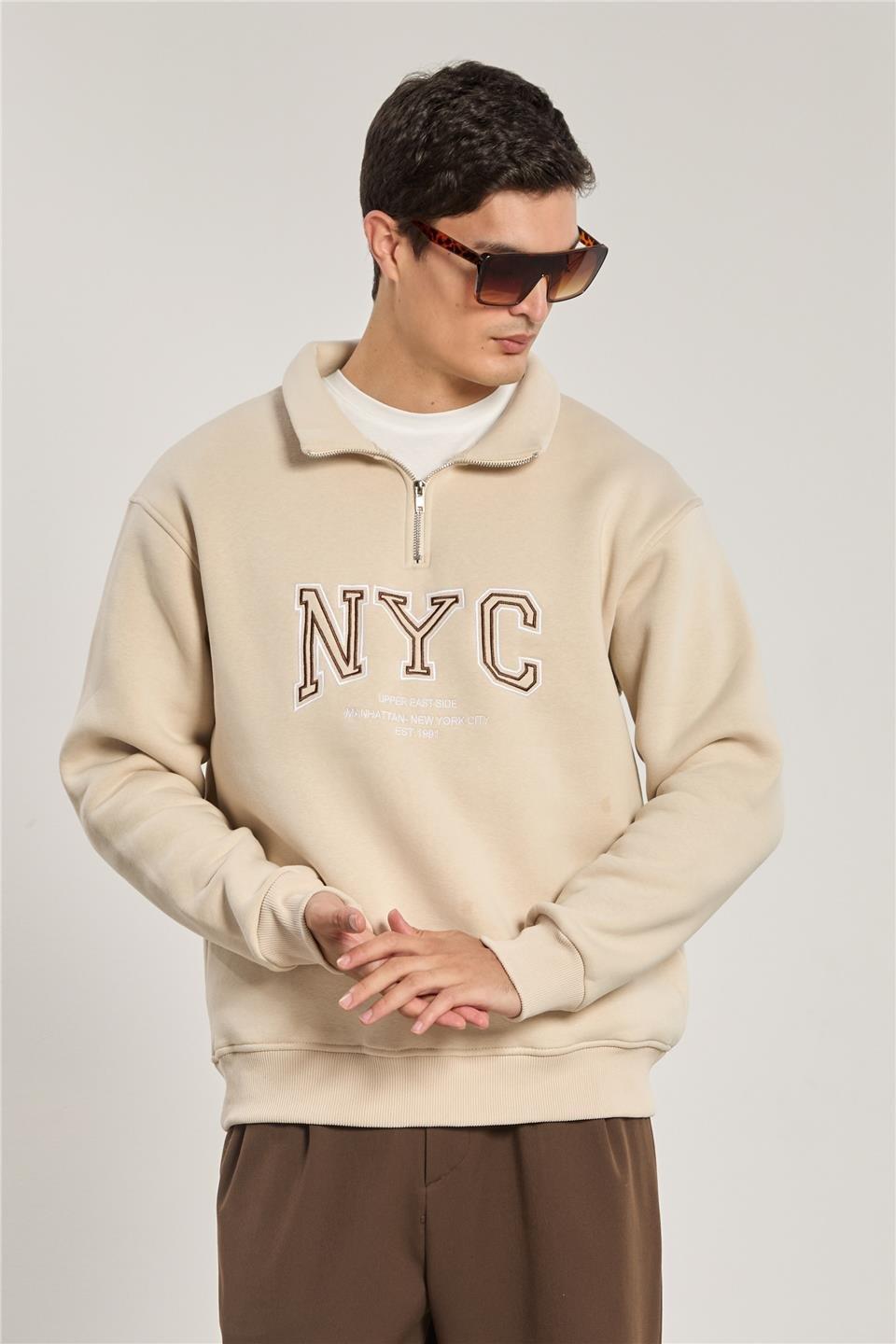 Yarım fermuarlı NYC sweatshirt-1161 - Bej