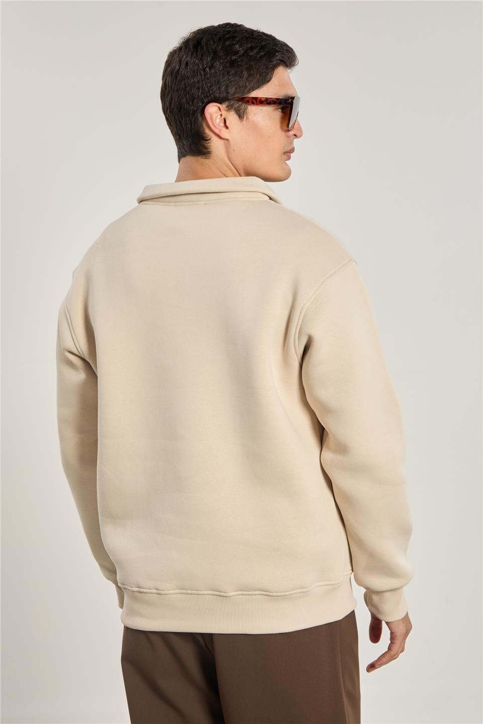 Yarım fermuarlı NYC sweatshirt-1161 - Bej