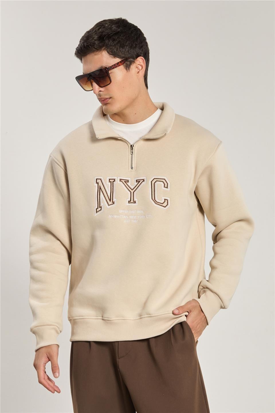 Yarım fermuarlı NYC sweatshirt-1161 - Bej