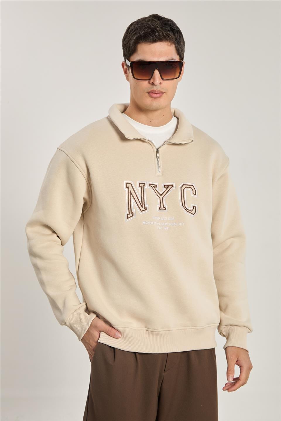 Yarım fermuarlı NYC sweatshirt-1161 - Bej
