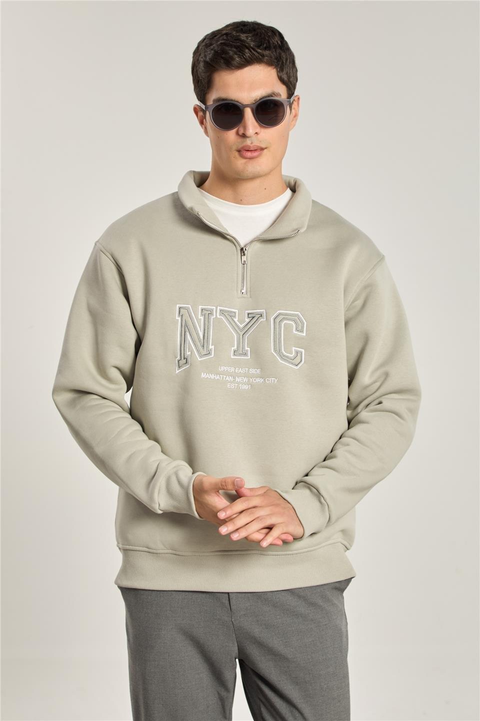 Yarım fermuarlı NYC sweatshirt-1161 - Gri Melanj
