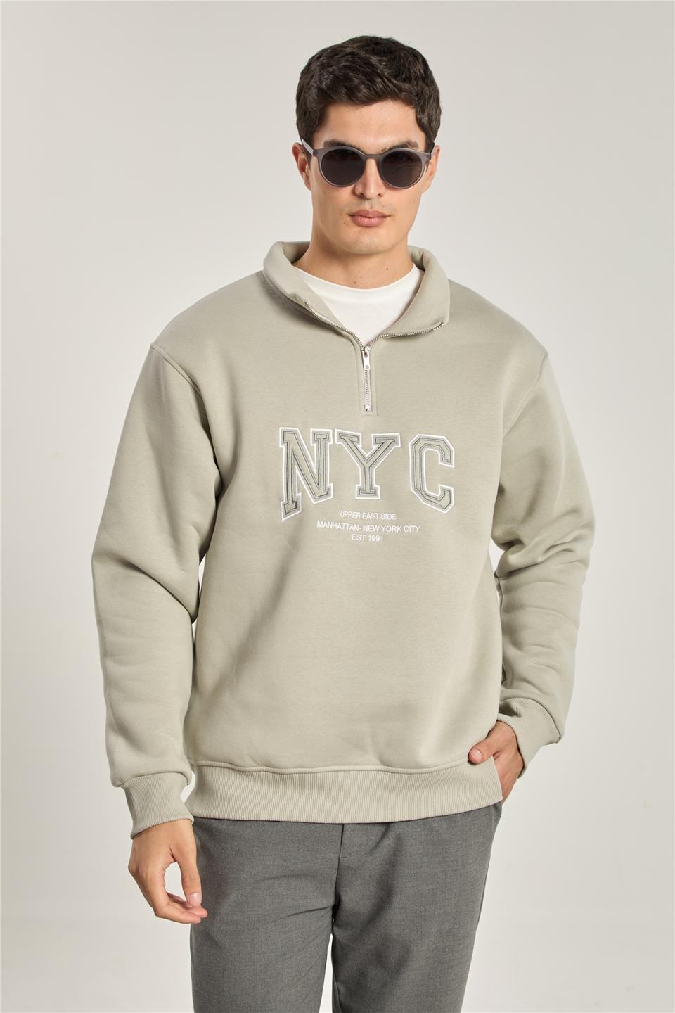 Yarım fermuarlı NYC sweatshirt-1161 - Gri Melanj