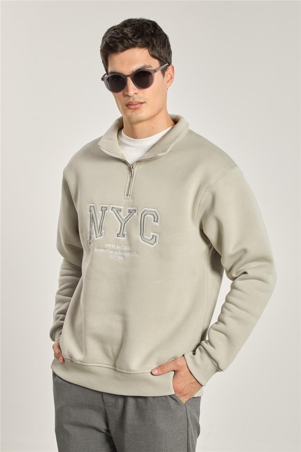 Yarım fermuarlı NYC sweatshirt-1161 - Gri Melanj