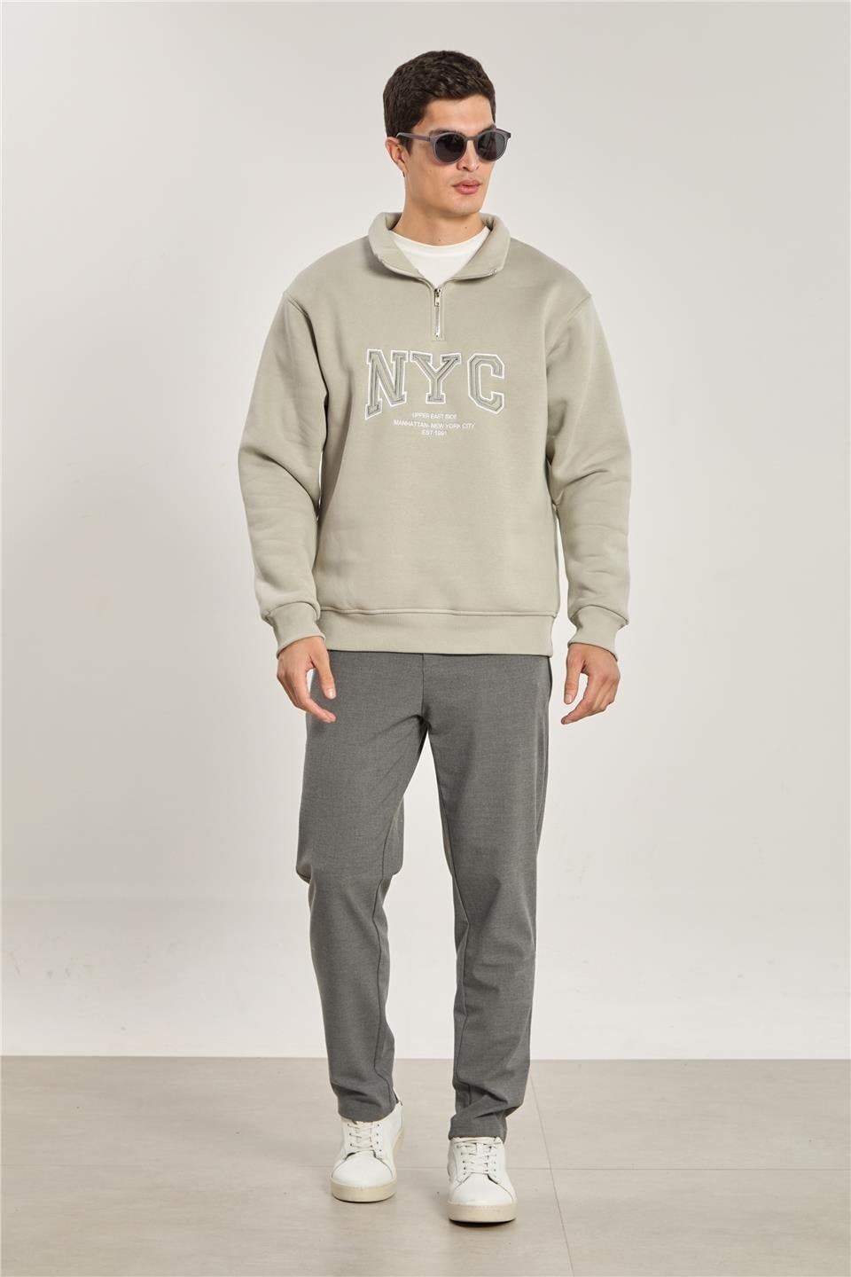 Yarım fermuarlı NYC sweatshirt-1161 - Gri Melanj