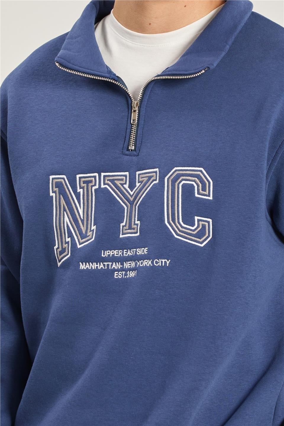 Yarım fermuarlı NYC sweatshirt-1161 - İndigo