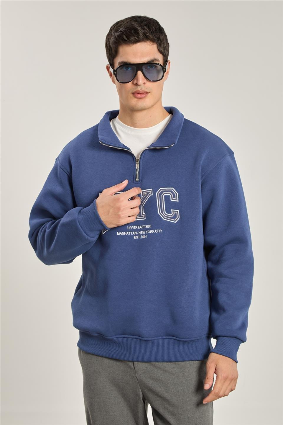 Yarım fermuarlı NYC sweatshirt-1161 - İndigo