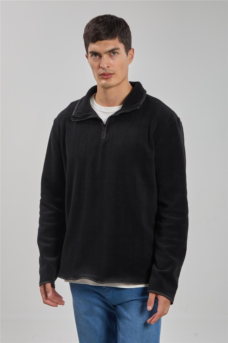 Yarım fermuarlı polar sweatshirt-130 - Siyah