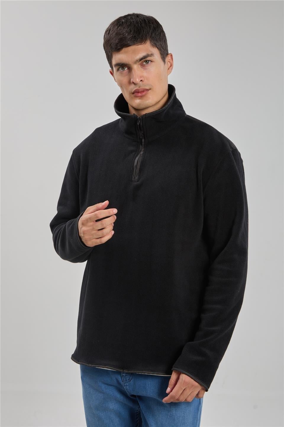 Yarım fermuarlı polar sweatshirt-130 - Siyah