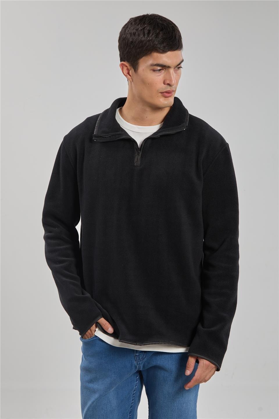 Yarım fermuarlı polar sweatshirt-130 - Siyah