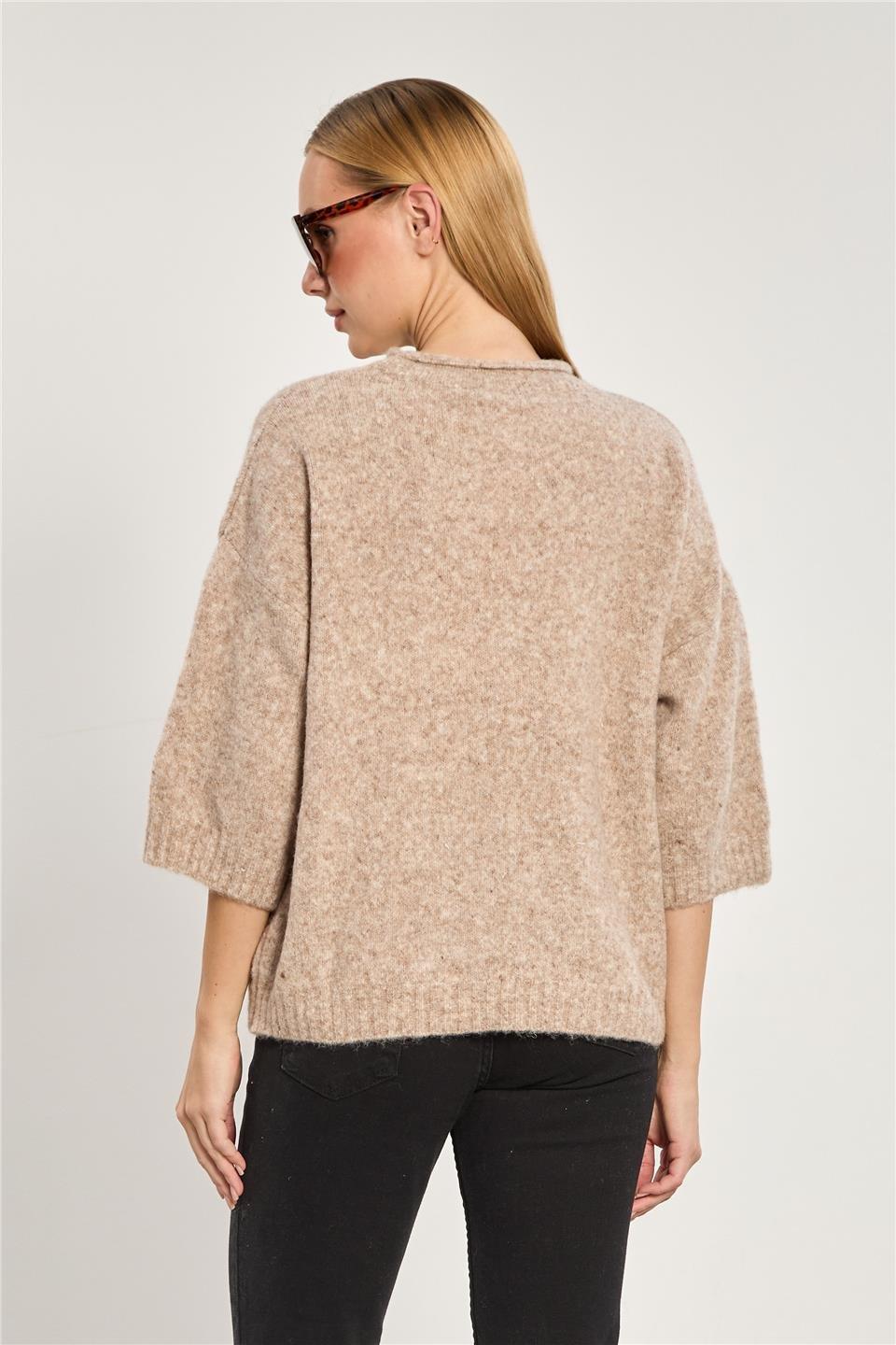 Yarım kol oversize triko kazak-K-166-1 - Vizon